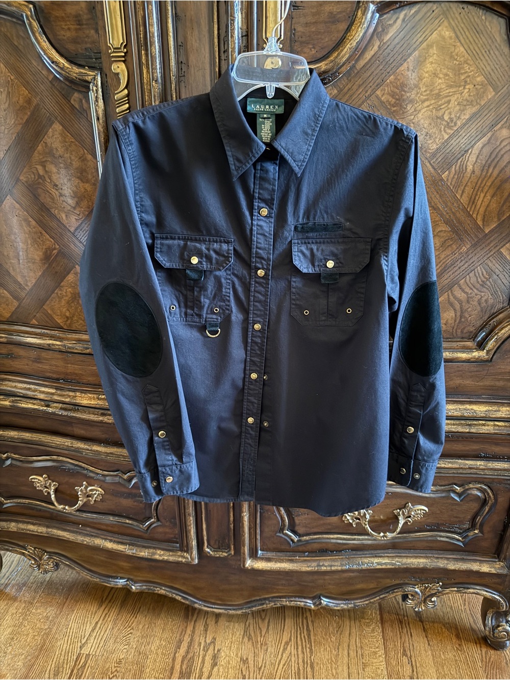 Lauren by Ralph Lauren Button-Front Utility Shirt Jacket with Elbow Patches.